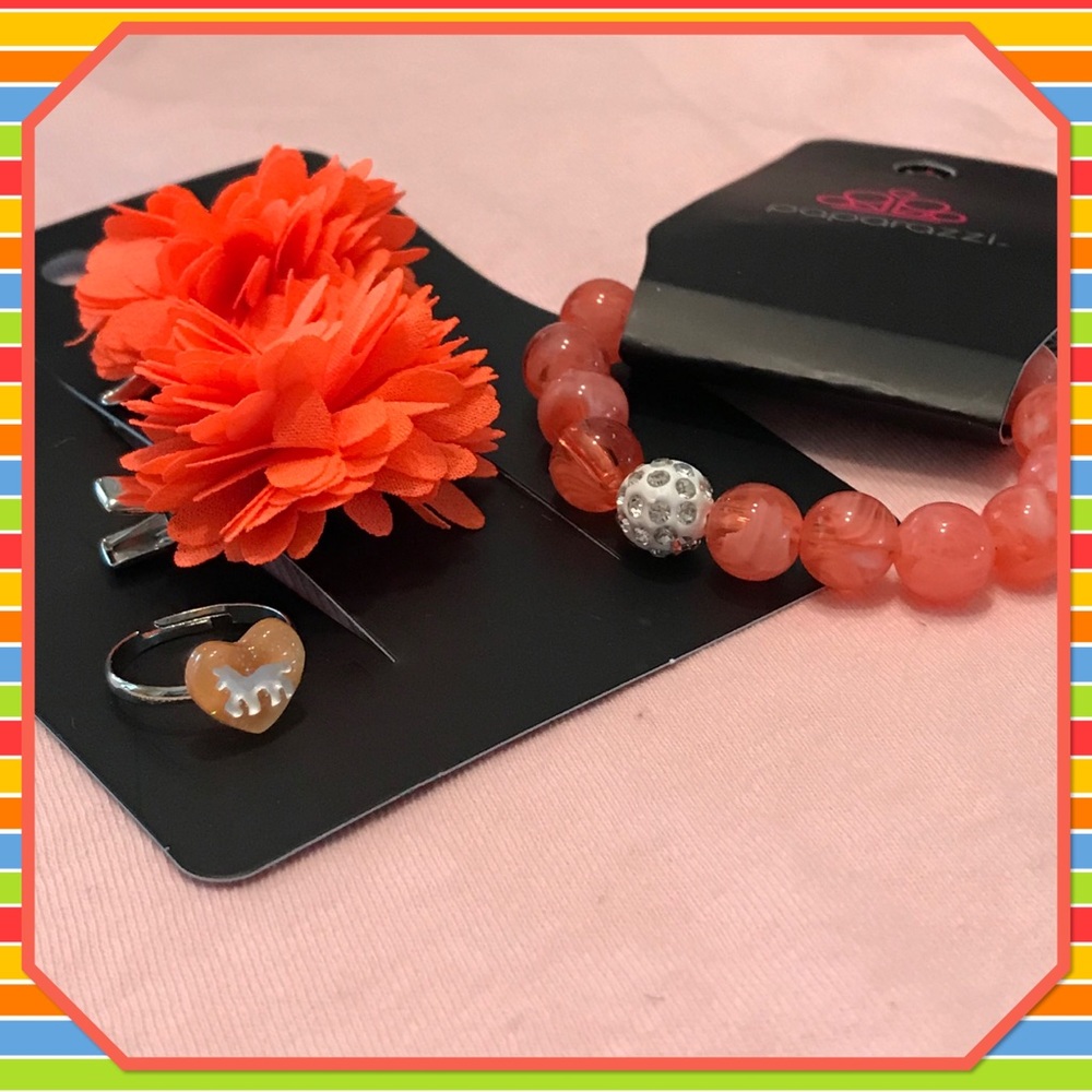 🧡New🧡Two Orange Flower Clips, Bracelet & Ring🧡